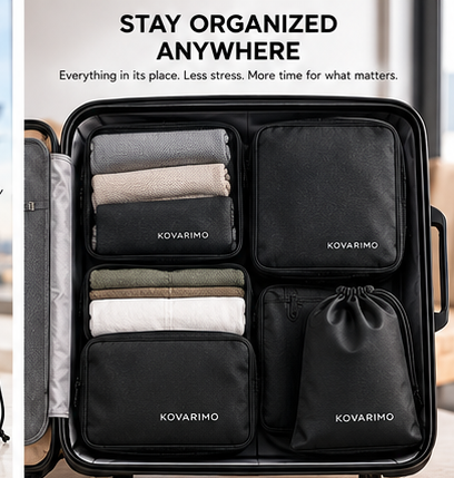 KOVARIMO packing cubes organized inside a suitcase