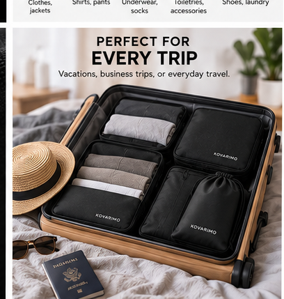 KOVARIMO packing cubes arranged in luggage for travel